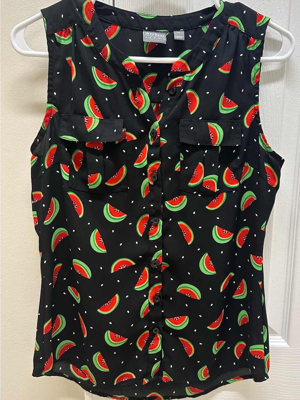 Soho Black Sleeveless Watermelon Print Top - Red & Green Accents
